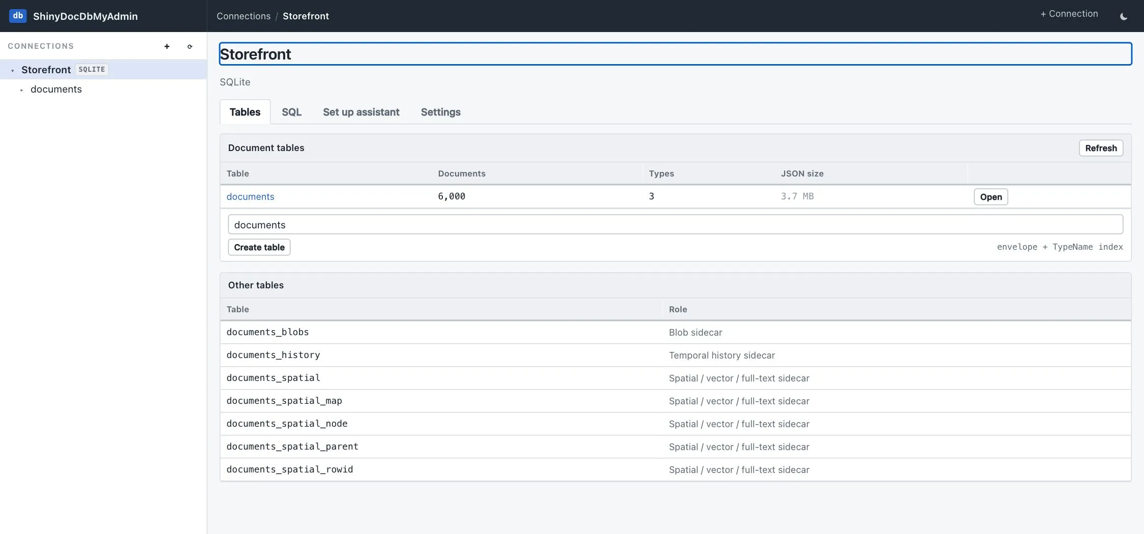 Database overview listing the documents table alongside its temporal, blob and spatial sidecars
