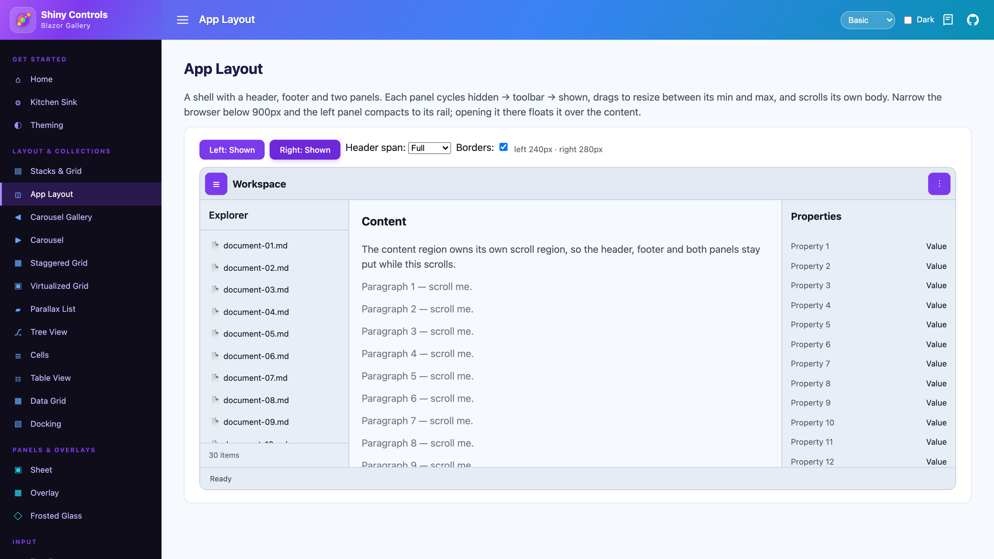 Header, footer and both panels docked either side of the content