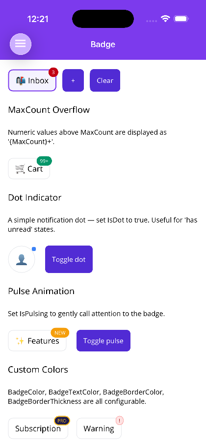 BadgeView dot indicator, pulse animation, and custom colors