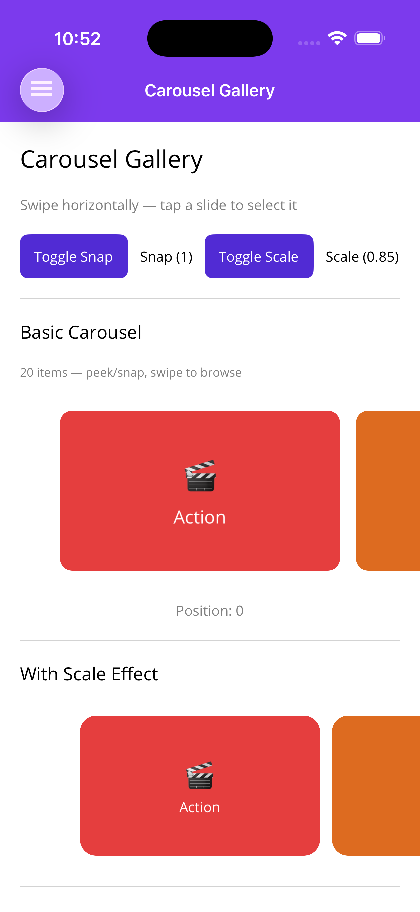 Basic carousel with snap and scale controls