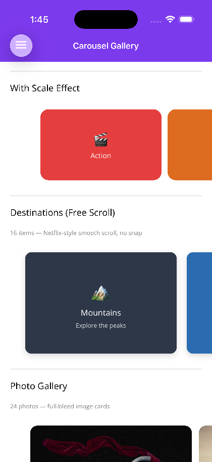 Scale effect carousel and Netflix-style free scroll