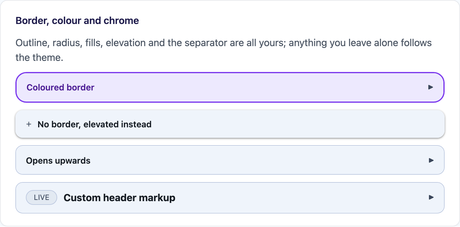 Coloured border, elevated, upward-opening and custom-header variants on Blazor