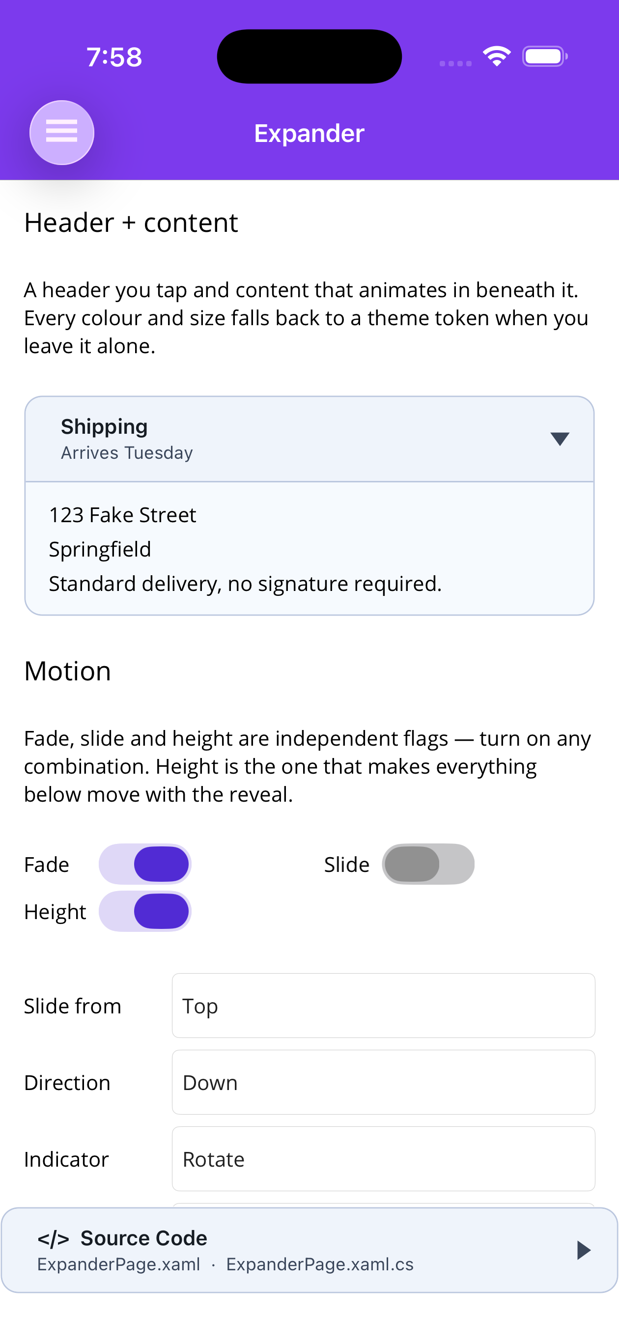 The Shipping expander open with its address beneath the header
