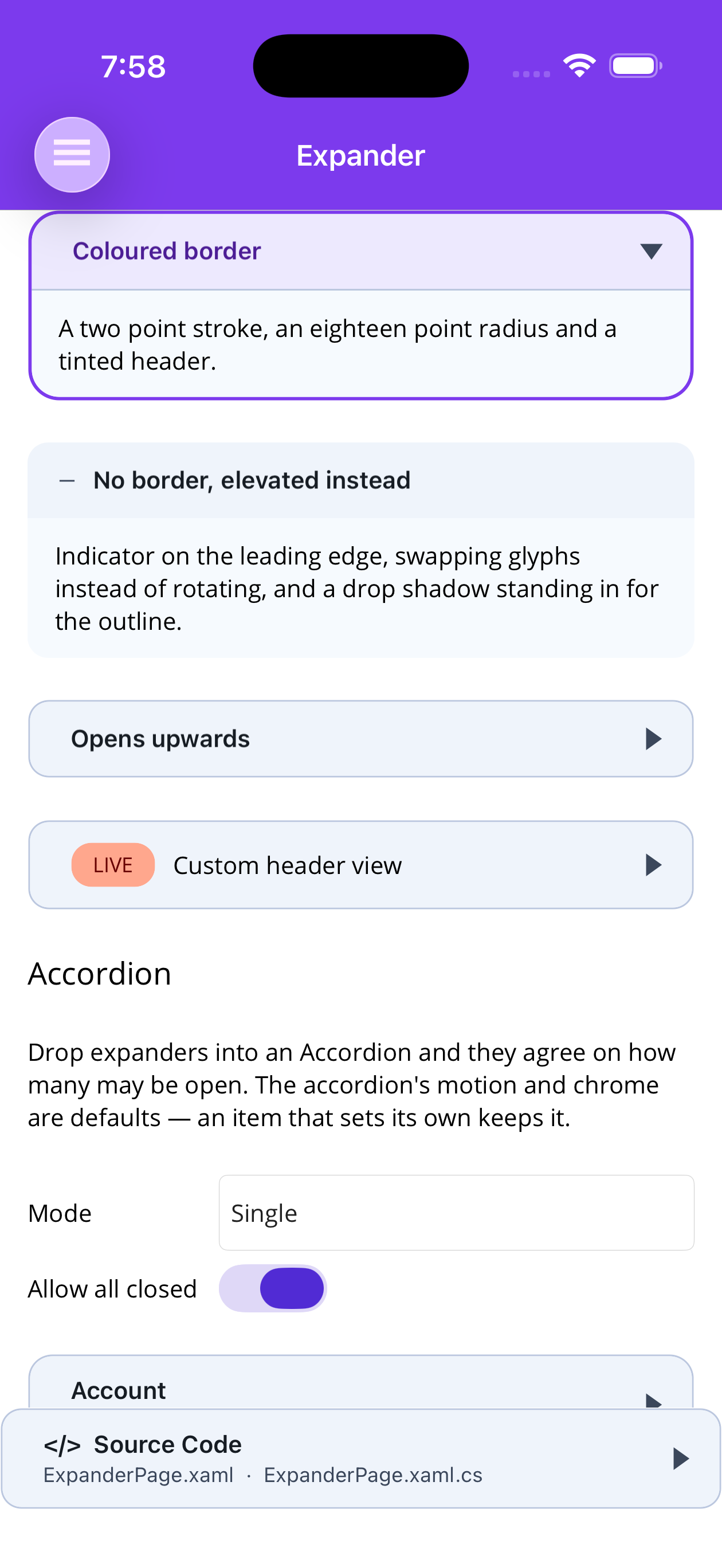 A coloured-border expander above an elevated one with a leading indicator