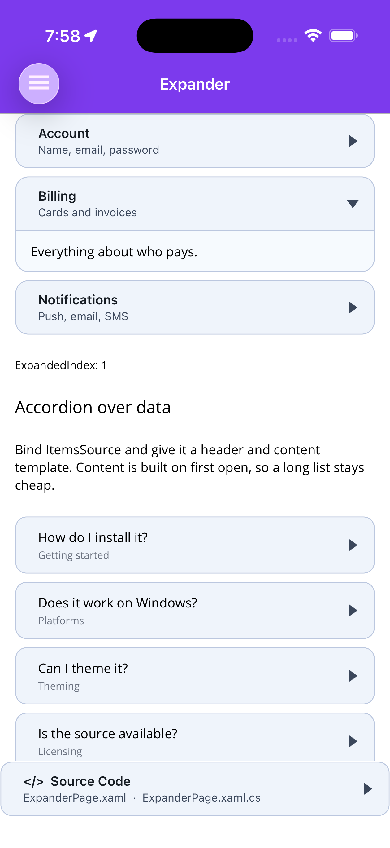 A settings accordion with one section open and the rest closed