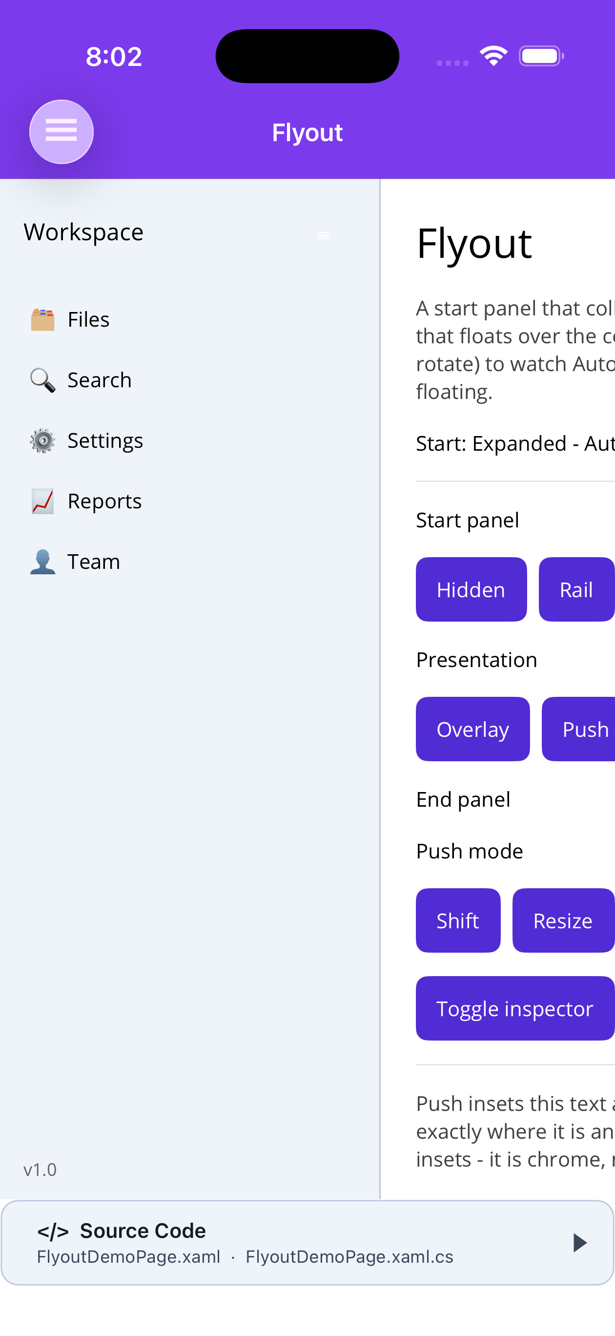 The start panel expanded in Push mode, insetting the page content
