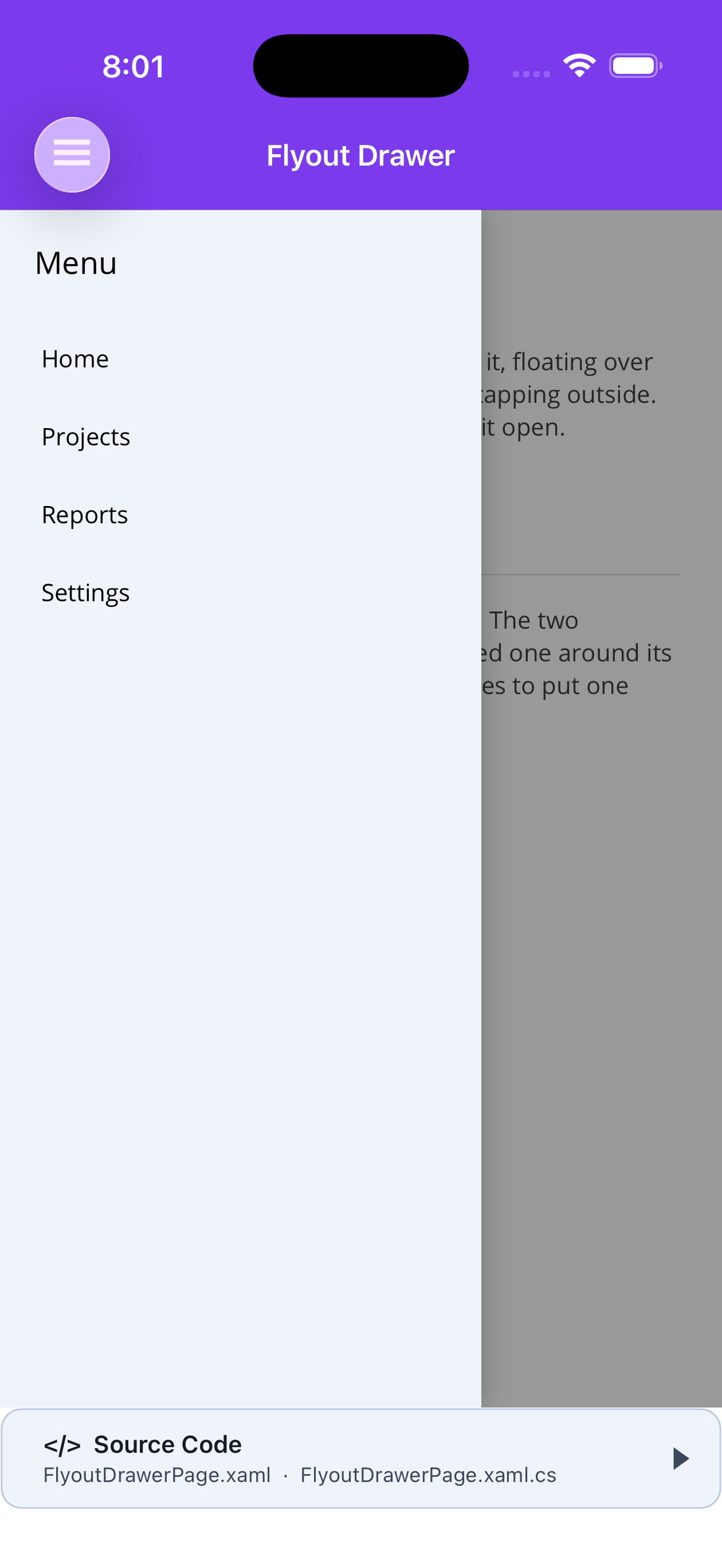 A classic drawer floating over the dimmed page content
