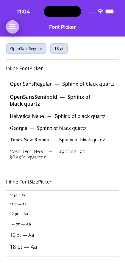 The inline size list, each row drawn at its own size