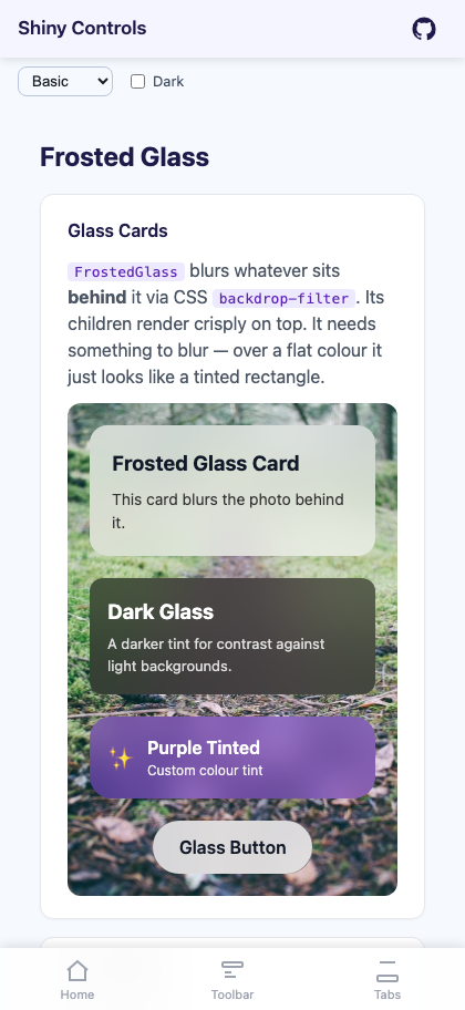 Glass cards over a photo on Blazor