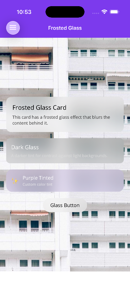 Light, dark, and purple-tinted glass cards blurring a photo behind them