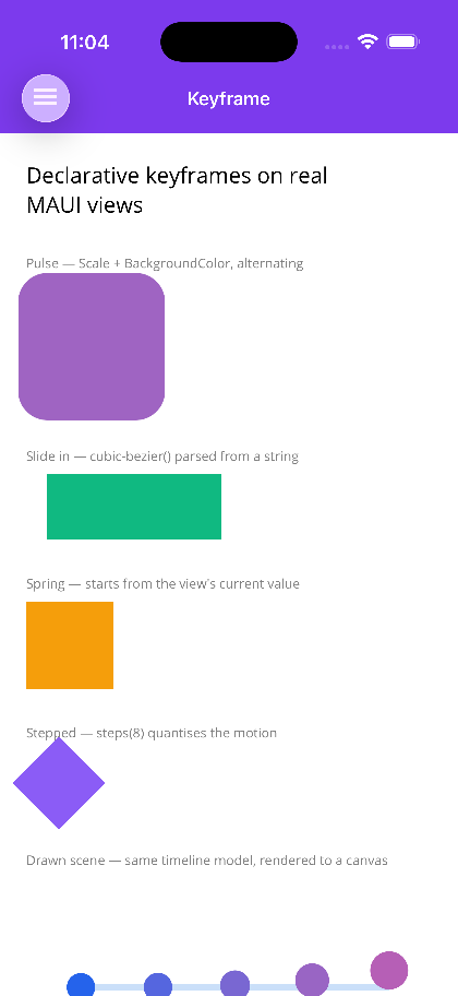 Pulse, slide-in, spring and stepped animations running on real MAUI views
