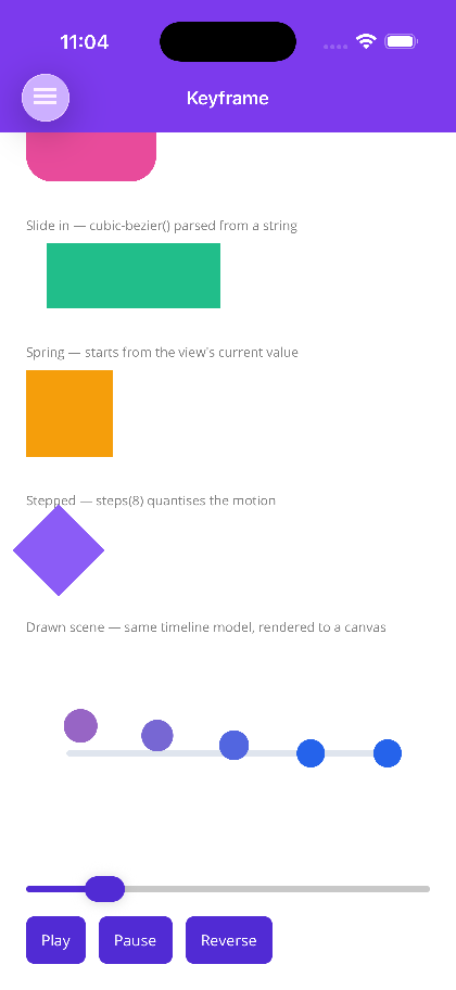 The same timeline model rendered to a canvas, with a scrubber and play/pause/reverse