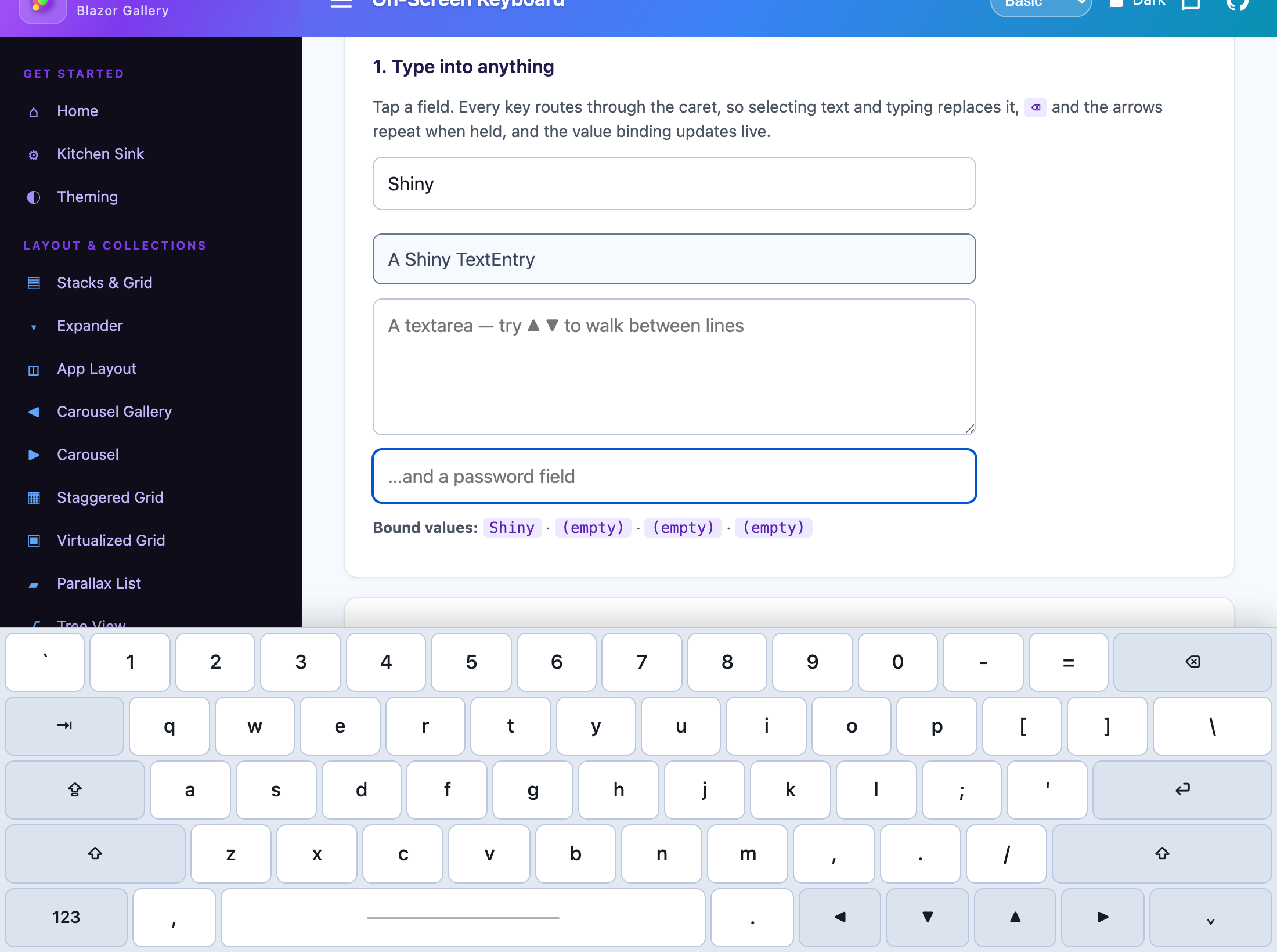The same keyboard following focus into a password field