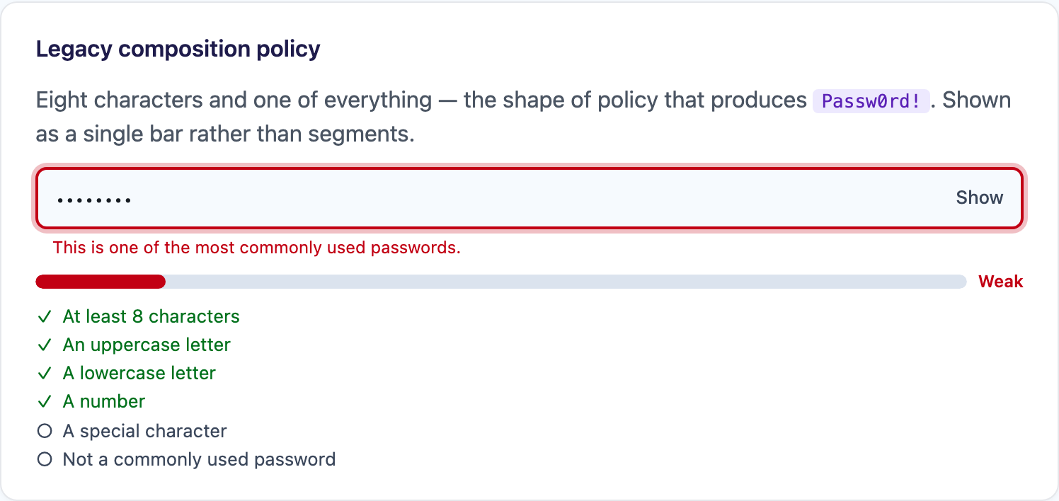 A single bar with a per-rule checklist and a common-password warning
