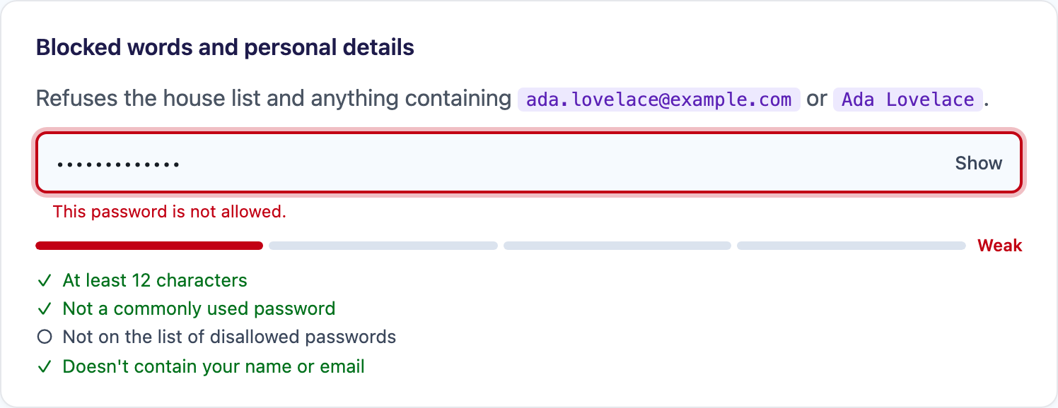 A house-list word refused with This password is not allowed