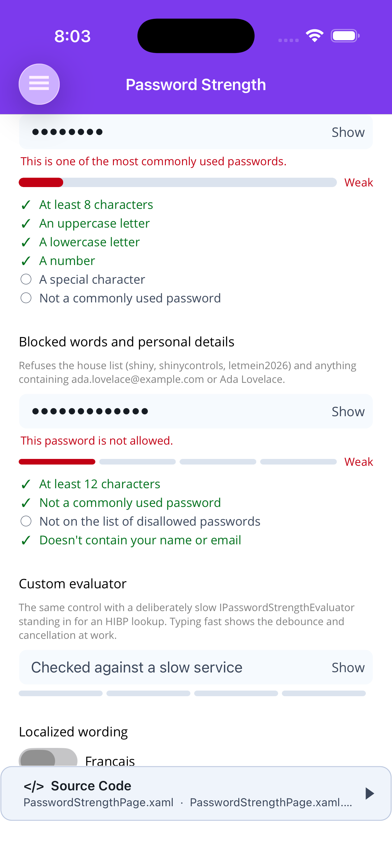A common password and a blocked house word, each refused with a reason