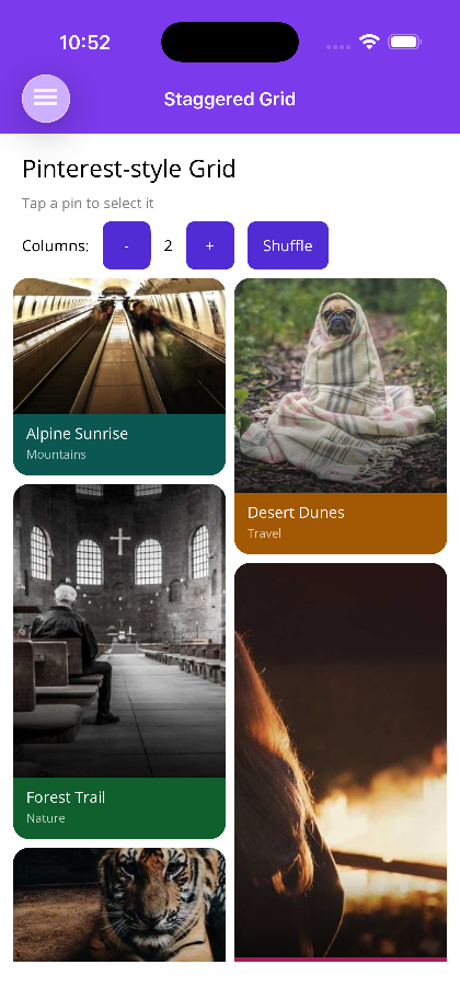 Pinterest masonry layout with two columns