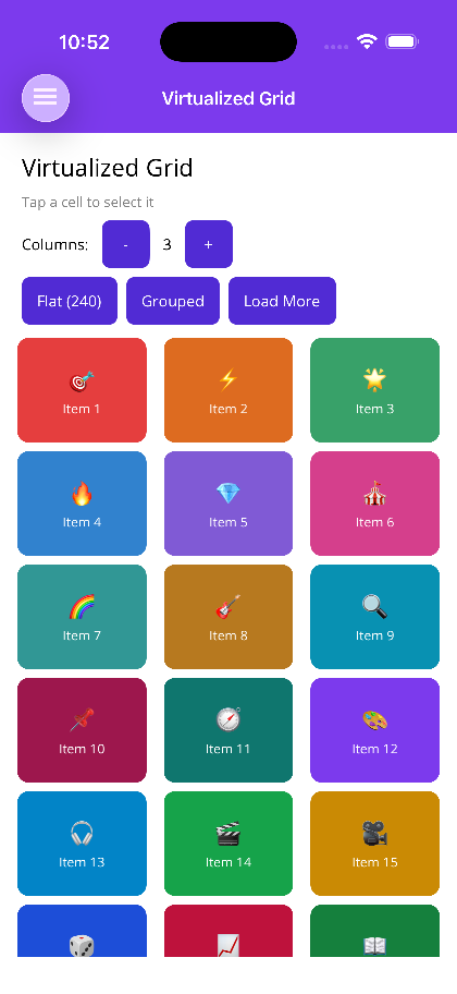 Flat virtualized grid with 240 items and adjustable column count