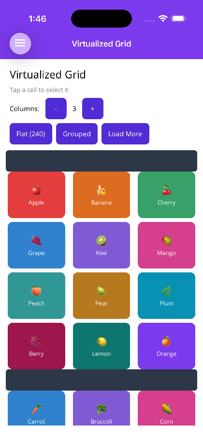 Grouped virtualized grid with sticky headers